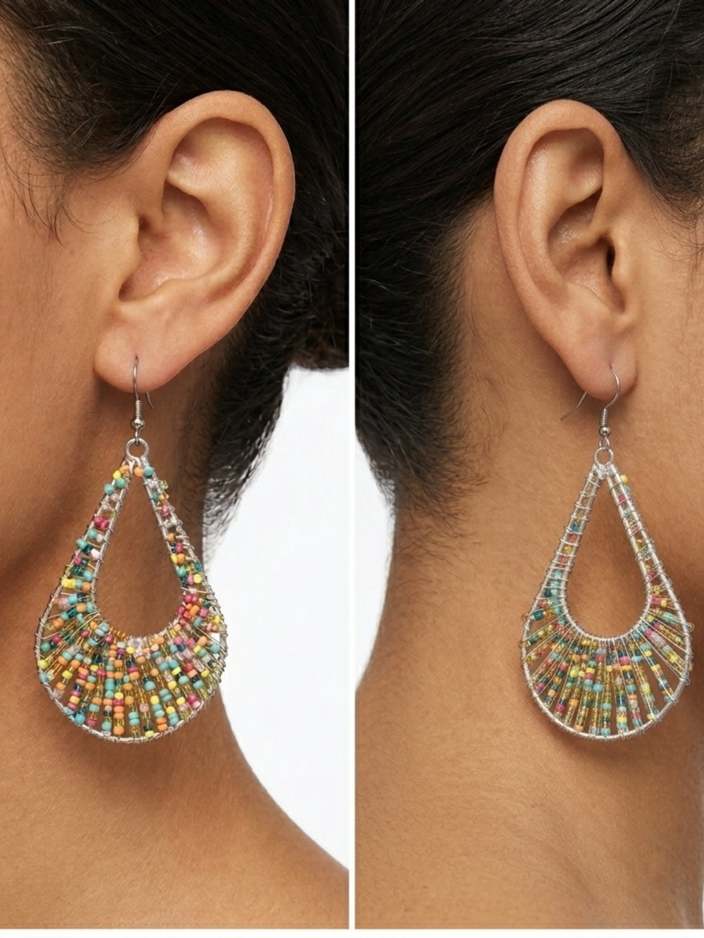 Boho Multi-Colored Seed Bead Wire-Wrapped Teardrop Statement Earrings